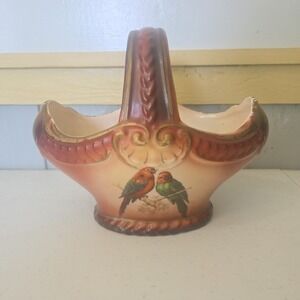 Vintage Hand Painted Ceramic Pair Birds Handle Basket Czechoslovakia Decor